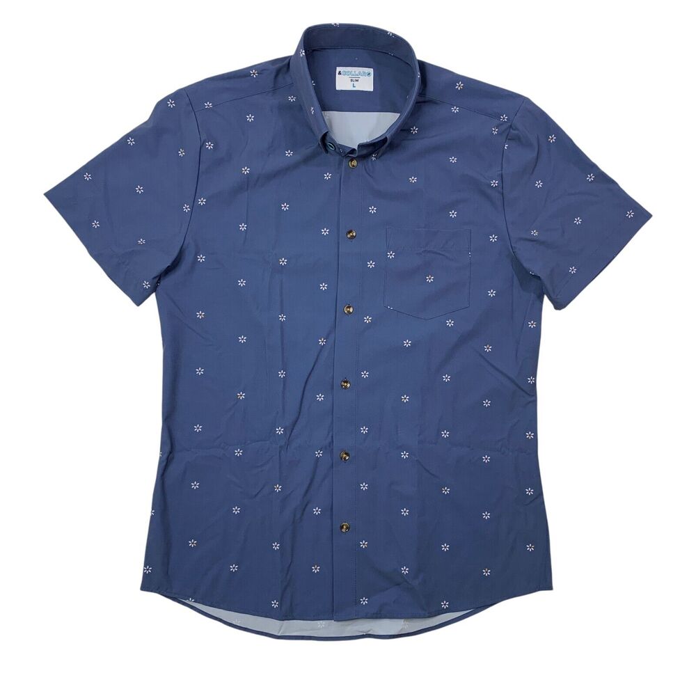 &Collar Shirt Mens L Large SLIM Fit Cloudy Blue Floral Daisy Print Short Sleeve